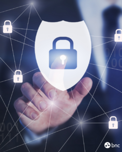 business man touching secure icon on desktop
