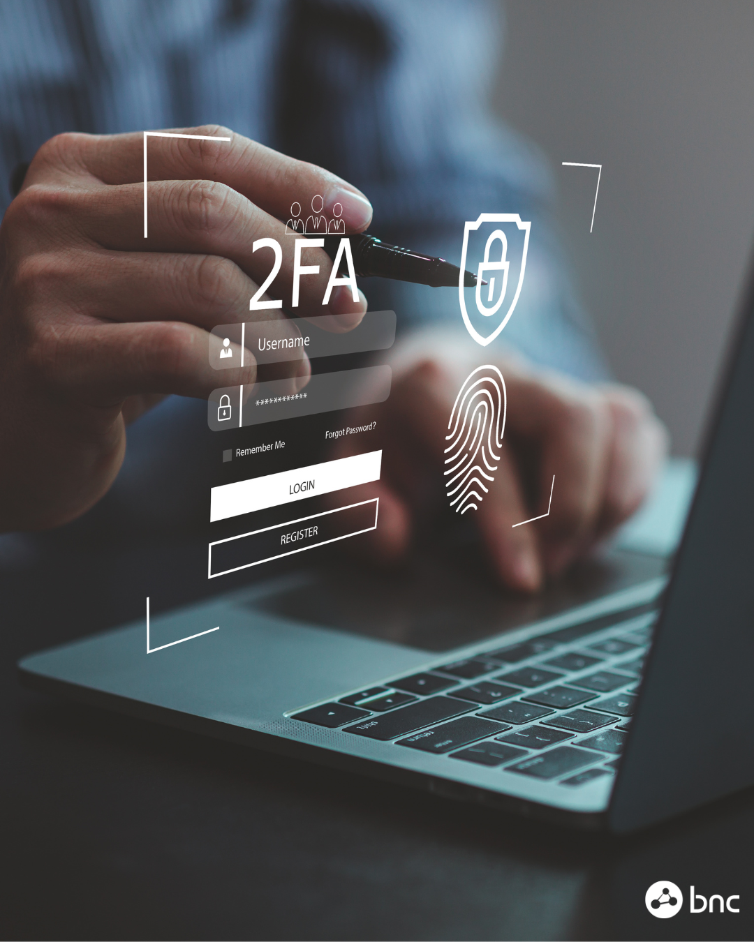 Business man pressing 2FA on his laptop security
